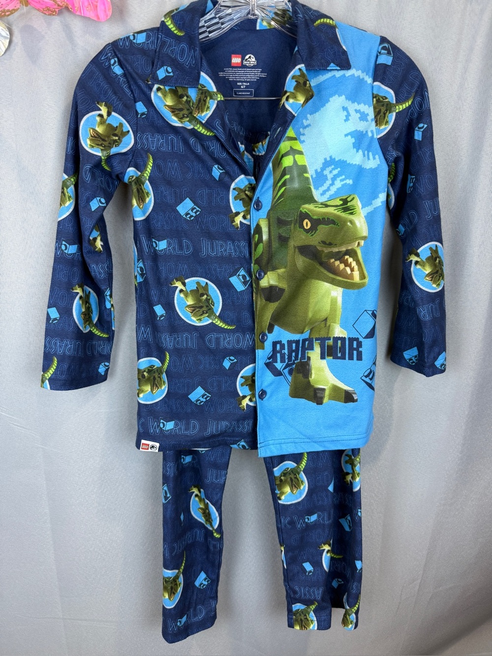 Lego Jurassic World Fleece Button Down Long Sleeve Pajama Set- Size 6/7